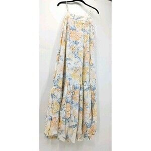 Watercolor Floral Linen Blend Tiered Maxi Dress Cottagecore XS Golden Hour Coast